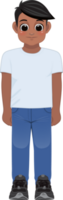 Cartoon character American African boy in white shirt and blue jeans smiling png