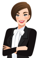 mujer de negocios o hembra personaje cruzado brazos actitud en negro traje medio cuerpo dibujos animados personaje png
