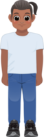 Cartoon character American African boy in white shirt and blue jeans smiling png