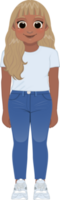 Cartoon character American African girl in white shirt and blue jeans smiling png