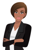 Black businesswoman or American African female character crossed arms pose in black suit half body cartoon character png