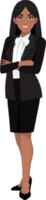 svart affärskvinna eller amerikan afrikansk kvinna karaktär korsade vapen utgör i svart kostym tecknad serie karaktär png
