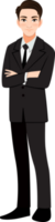 homem de negocios ou masculino personagem cruzado braços pose dentro Preto terno desenho animado personagem png