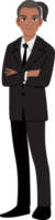 negro empresario o americano africano masculino personaje cruzado brazos actitud en negro traje dibujos animados personaje png
