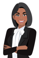 Black businesswoman or American African female character crossed arms pose in black suit half body cartoon character png