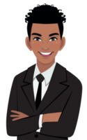 Black businessman or American African male character crossed arms pose in black suit half body cartoon character png