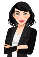 mujer de negocios o hembra personaje cruzado brazos actitud en negro traje medio cuerpo dibujos animados personaje png