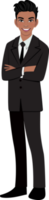 Black businessman or American African male character crossed arms pose in black suit cartoon character png