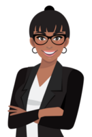 Black businesswoman or American African female character crossed arms pose in black suit half body cartoon character png