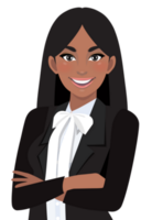 Black businesswoman or American African female character crossed arms pose in black suit half body cartoon character png