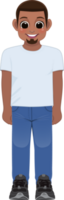 Cartoon character American African boy in white shirt and blue jeans smiling png