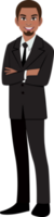 Black businessman or American African male character crossed arms pose in black suit cartoon character png