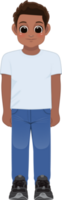 Cartoon character American African boy in white shirt and blue jeans smiling png