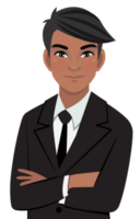noir homme d'affaire ou américain africain Masculin personnage franchi bras pose dans noir costume moitié corps dessin animé personnage png