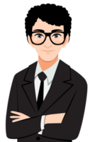 Businessman or male character crossed arms pose in black suit half body cartoon character png