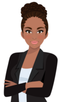 negro mujer de negocios o americano africano hembra personaje cruzado brazos actitud en negro traje medio cuerpo dibujos animados personaje png