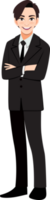 uomo d'affari o maschio personaggio attraversato braccia posa nel nero completo da uomo cartone animato personaggio png