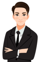 Businessman or male character crossed arms pose in black suit half body cartoon character png