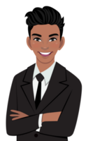 Black businessman or American African male character crossed arms pose in black suit half body cartoon character png