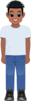 Cartoon character American African boy in white shirt and blue jeans smiling png