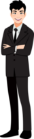 Businessman or male character crossed arms pose in black suit cartoon character png