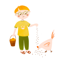 jongen boer feeds kip. kind aan het doen agrarisch werk, voeden dier. schattig boerderij tafereel geïsoleerd element. hand- getrokken illustratie in kinderachtig stijl. png