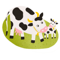 Cow and calf - cartoon farm scene isolated element. Rural animal illustration hand drawn in cute childish style. Mom and baby animal great for kids posters, books, cards, prints, countryside banners. png