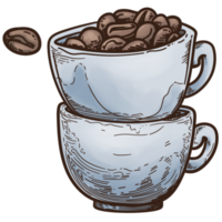 Coffee Cups and Coffee Beans Colored Illustration Isolated PNG