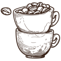 Coffee Cups and Coffee Beans Ink Illustration Isolated PNG