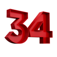 3d illustration of red number 34 or Thirty Four inner shadow png