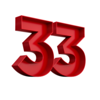 3d illustration of red number 33 or Thirty Three inner shadow png