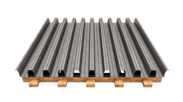 lámina de hierro corrugado, fachada de aluminio de un almacén láminas de techo corrugado de metal apilan ilustración 3d representación 3d png