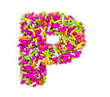 alfabet p tillverkad av färgrik strössel brev p regnbåge strössel 3d illustration png