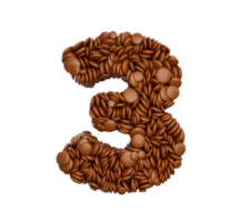 dígito 3 fez do chocolate revestido feijões chocolate doces alfabeto palavra três 3d ilustração png