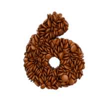 dígito 6 feito de feijão revestido de chocolate doces de chocolate palavra alfabeto seis ilustração 3d png