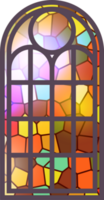 Gothic stained glass window. Church medieval arch. Catholic cathedral mosaic frame. Old architecture design png