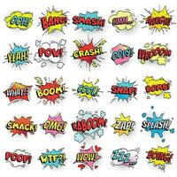 Exclamation texting comic signs on speech bubbles. Cartoon crash, pow, bomb, wham, oops and cool comic sign vector set