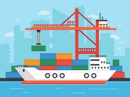 Flat cargo ship in docks. Harbor crane of shipping port loading containers to marine freight boat vector illustration