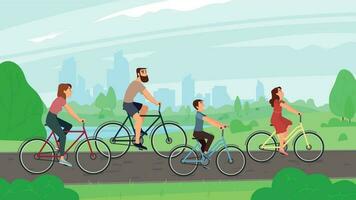 Happy young family riding on bikes at park. Parents and kids ride bicycles. Summer activities and families leisure vector illustration