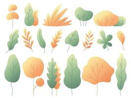 Simple colorful autumn leaves. Autumnal trees and bushes. Minimalistic yellow leaf flat vector set