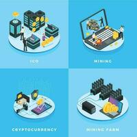 Cryptocurrency illustration. Electronic money, currency mining, ICO and blockchain computer network isometric vector illustration