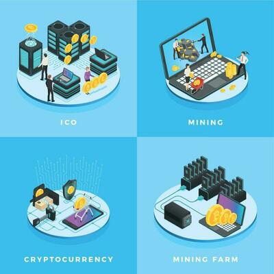 Cryptocurrency illustration. Electronic money, currency mining, ICO and blockchain computer network isometric vector illustration