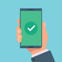 Checkmark on smartphone screen. Green confirmation notification on mobile phone. Check mark sign vector illustration