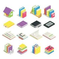 isométrica libros. colegio libro de texto, libro con marcador y cuaderno con bolígrafo. apilar de libros de texto en biblioteca estante para libros vector icono conjunto