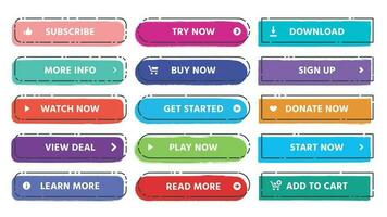 Call to action button. Read more, subscribe and buy now web buttons with vivid colors and grunge textures flat isolated vector set