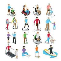 Isometric disabled people. Disability care, disabled elderly senior in wheelchair and limb prosthetics vector set