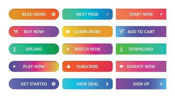 degradado botones. rectangular siguiente página botón, leer más y añadir a carro icono vistoso gradientes web aislado vector conjunto
