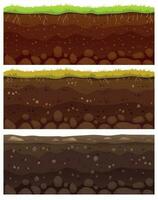 Seamless soil layers. Layered dirt clay, ground layer with stones and grass on dirts cliff texture vector pattern