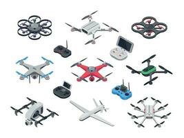 Unmanned aircraft, delivery drone with propellers, camera and computer controller. Drones and controllers isolated vector isometric set