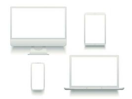 White desktop computer display screen smartphone tablet portable notebook or laptop. Mockup electronics devices vector set